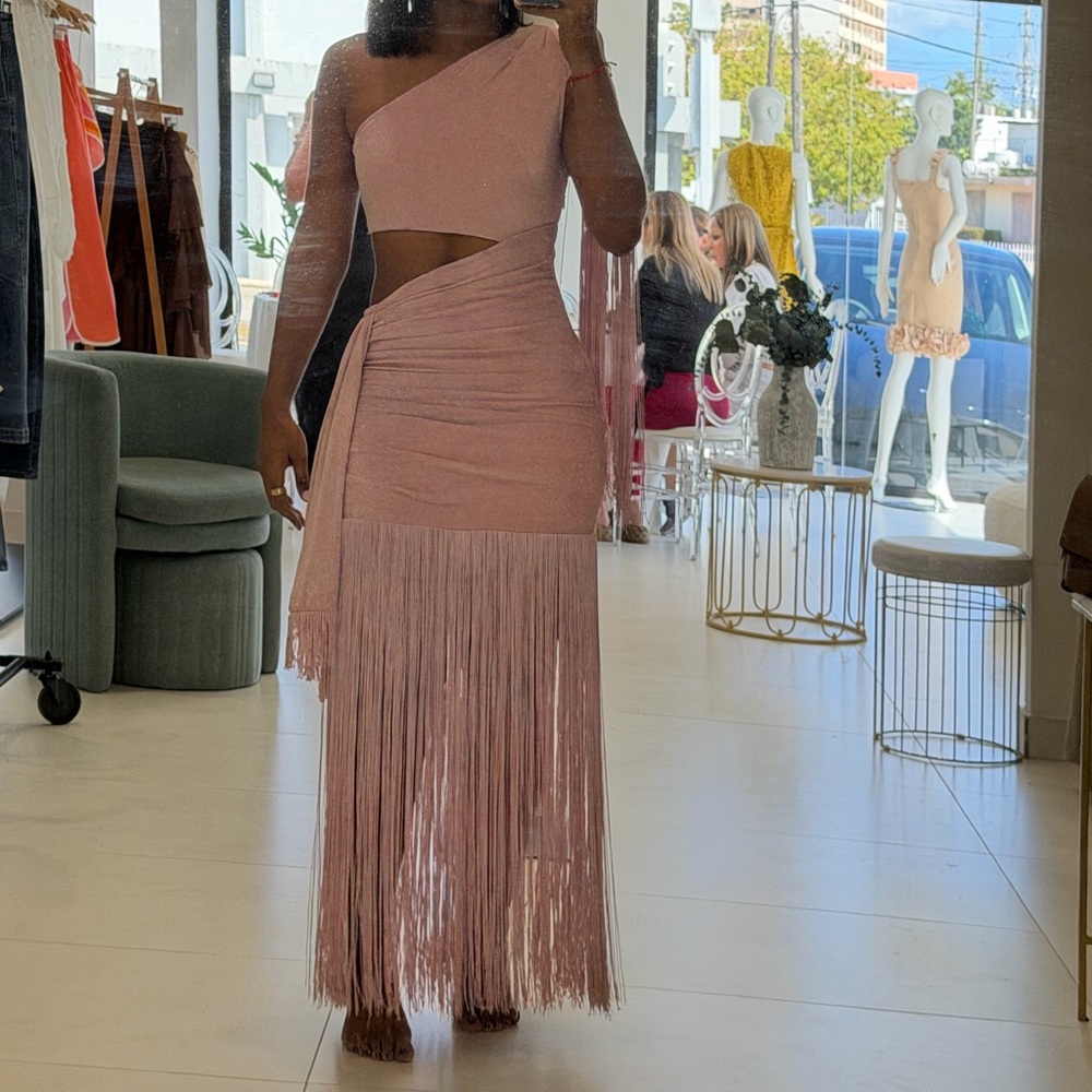 Pink One-Shoulder Fringe Dress
